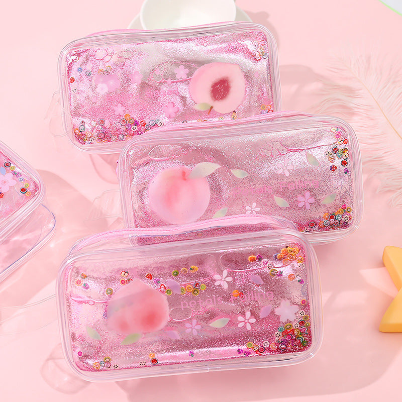 Kawaii glitter cartoon Peach Transparent Quicksand Pencil Case