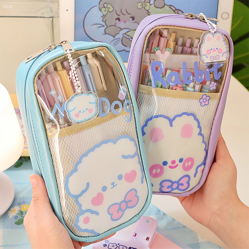 Kawaii Cartoon Bunny & Bear Transparent Student Pencil Case