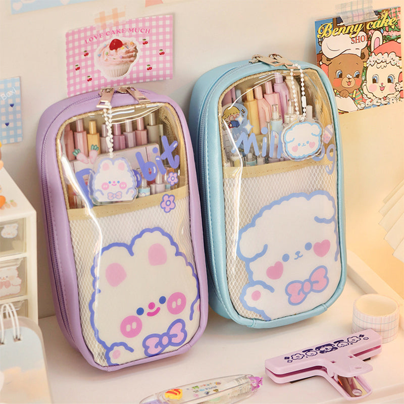 Kawaii Cartoon Bunny & Bear Transparent Student Pencil Case