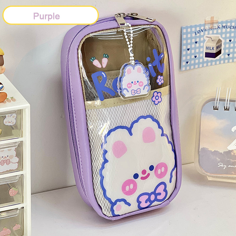 Kawaii Cartoon Bunny & Bear Transparent Student Pencil Case