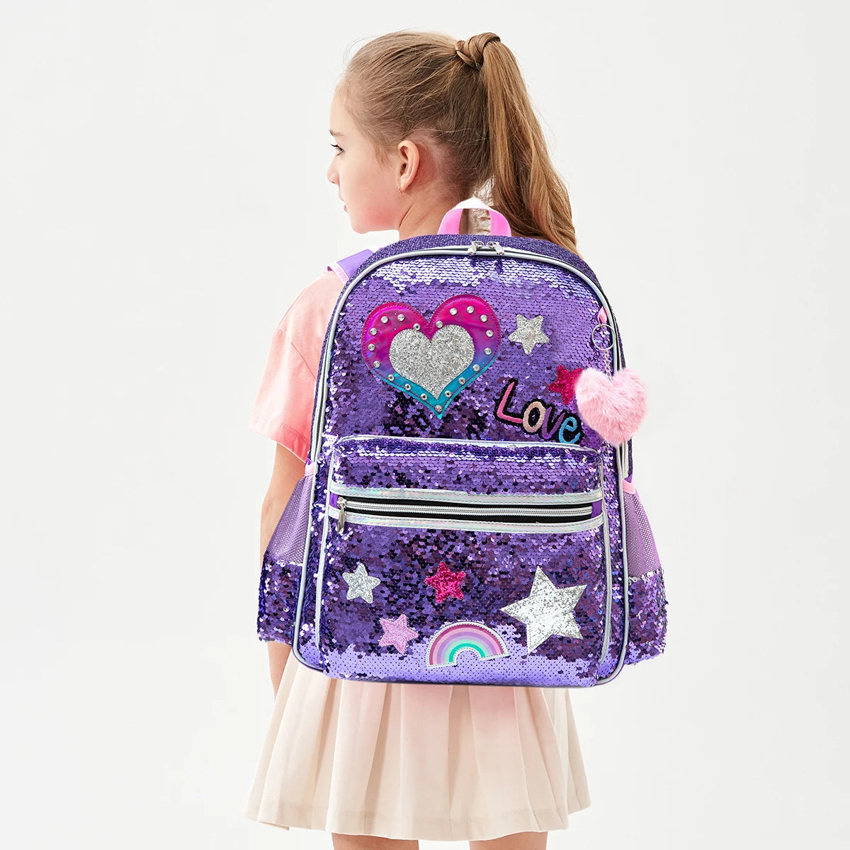 Love Sequin Purple Backpack set with Lunch Box Pencil Case