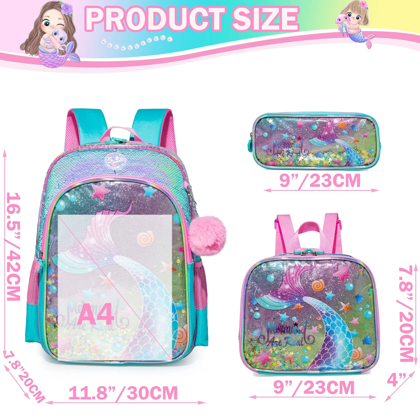 Meetbelify Girls 3-piece schoolbag set