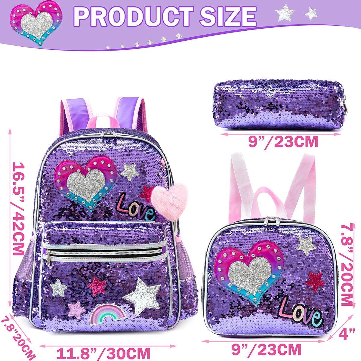 Love Sequin Purple Backpack set with Lunch Box Pencil Case