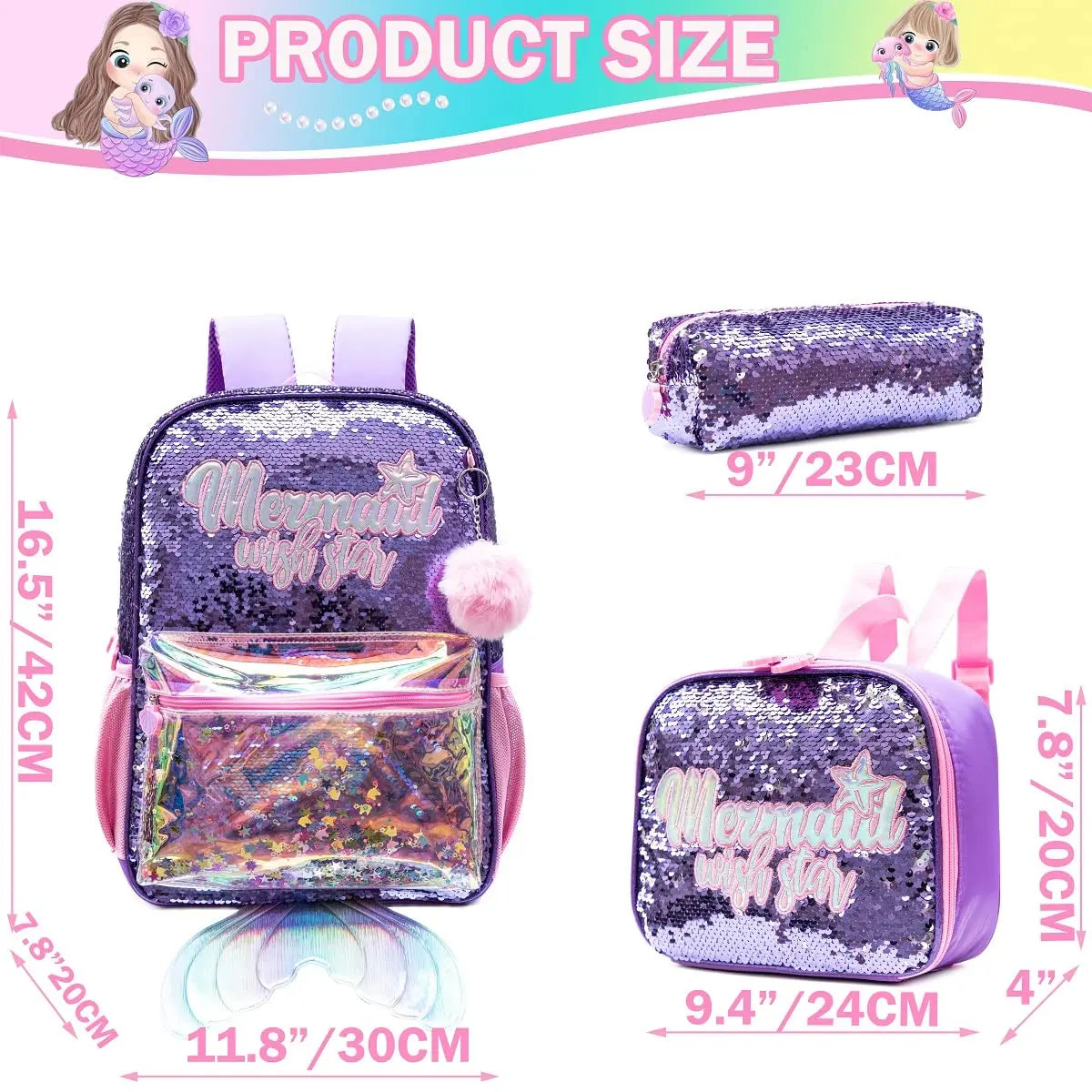 Mermaid Purple Sequin Backpack set with Lunch Box Pencil Case