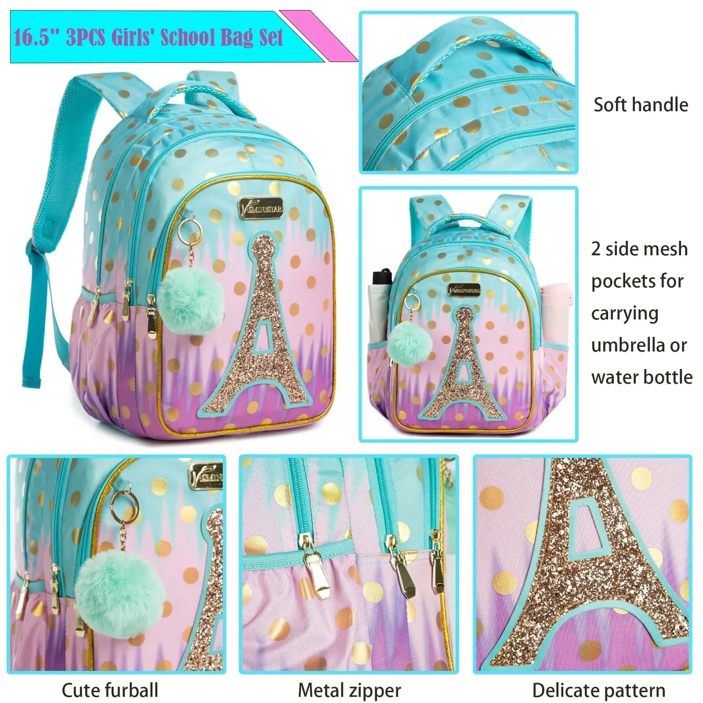 Sequin Princess Paris Eiffel Tower 3-piece school bag