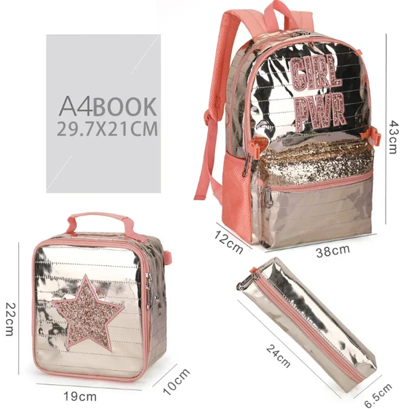 Sequin GIRL PWR School Backpacks with Lunch Bag