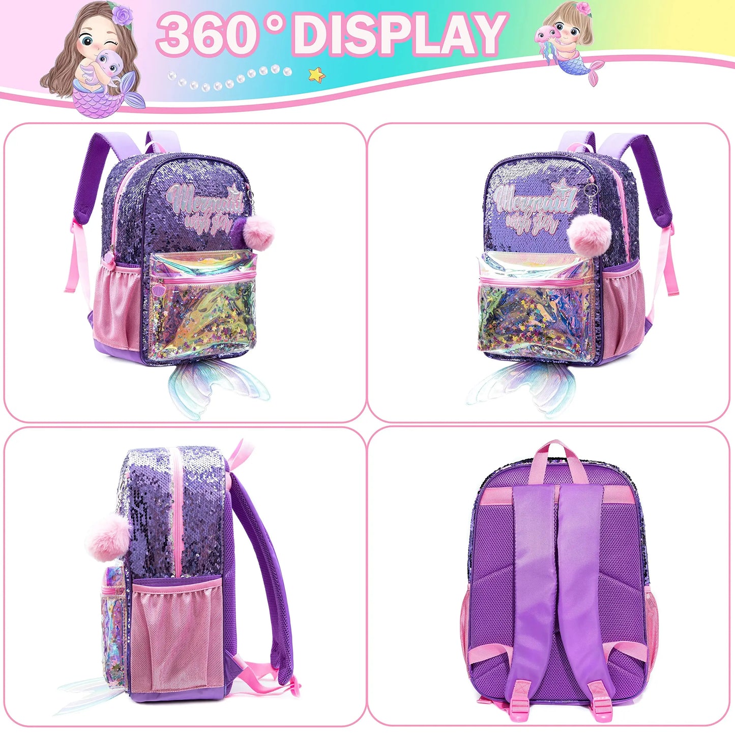 Mermaid Purple Sequin Backpack set with Lunch Box Pencil Case