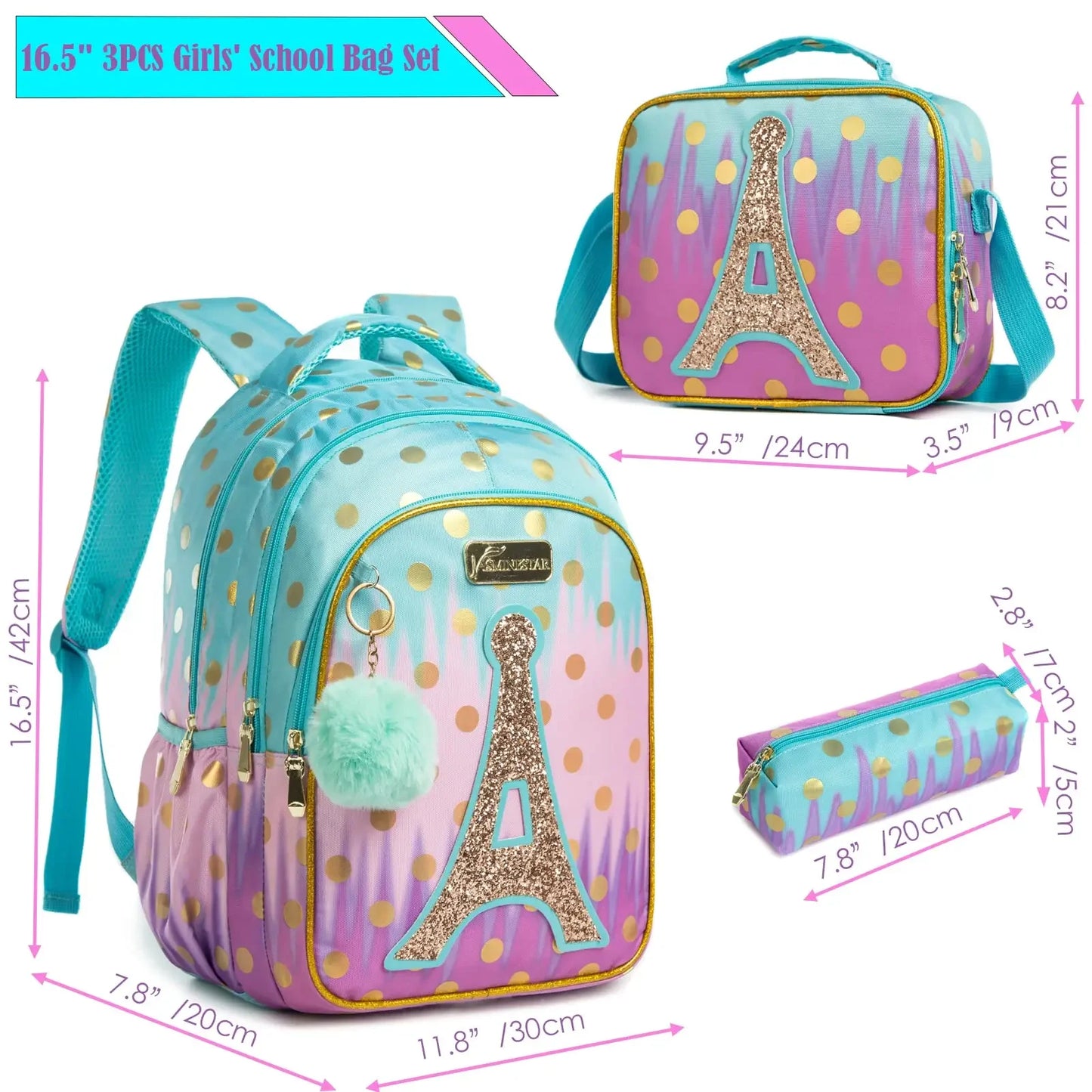 Sequin Princess Paris Eiffel Tower 3-piece school bag