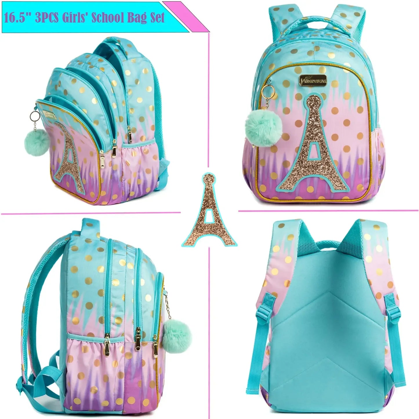 Sequin Princess Paris Eiffel Tower 3-piece school bag