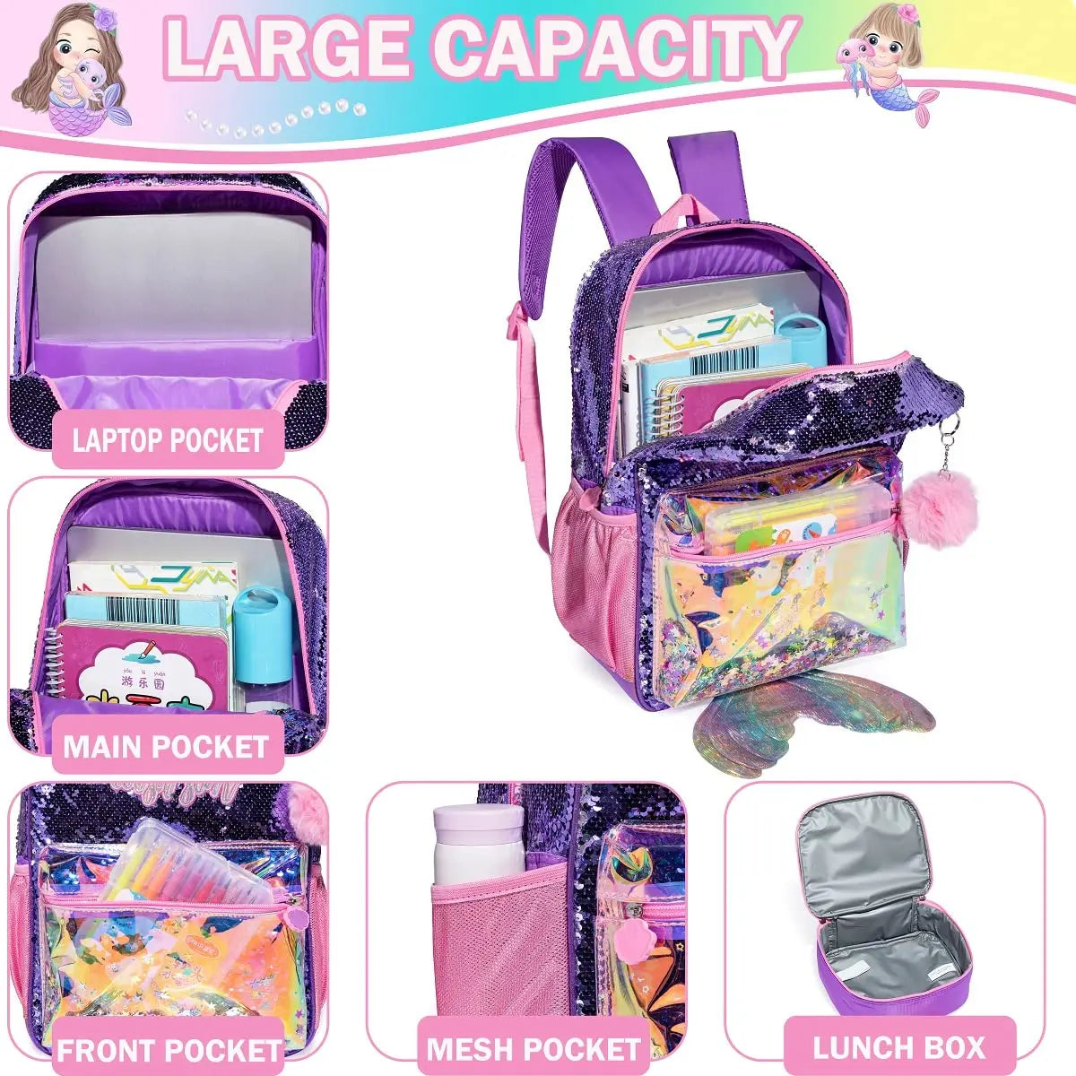 Mermaid Purple Sequin Backpack set with Lunch Box Pencil Case