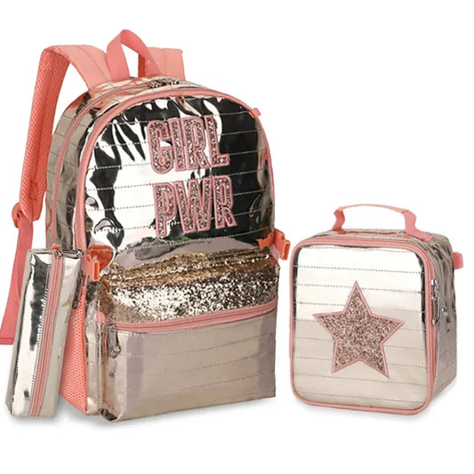 Sequin GIRL PWR School Backpacks with Lunch Bag