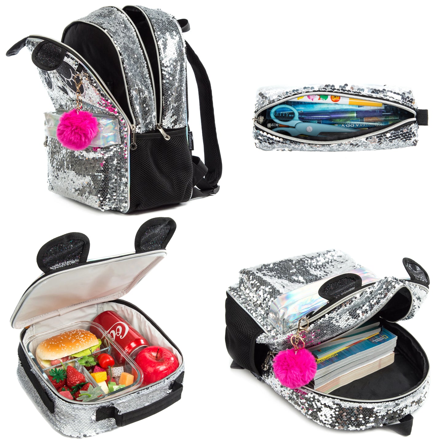 Sequin Silver Patches 3pcs Backpacks with Lunch Box