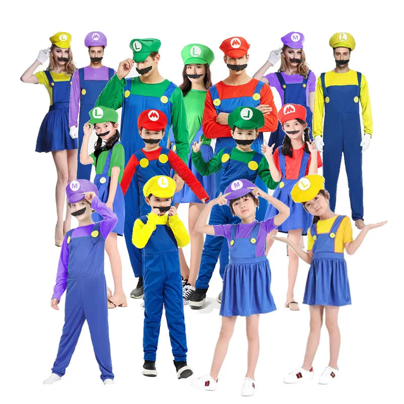 Marios Luigi Bros Cosplay Halloween Costume Set - Kids & Adults