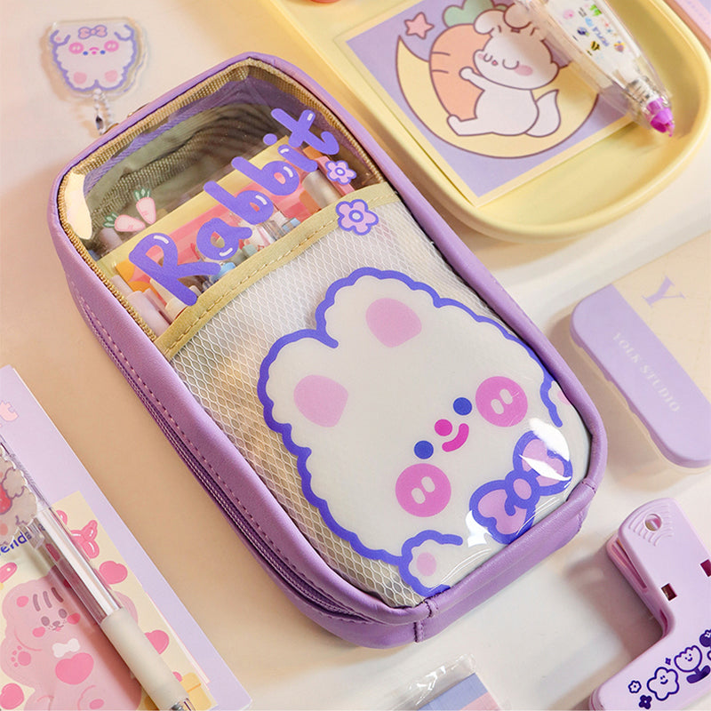 Kawaii Cartoon Bunny & Bear Transparent Student Pencil Case